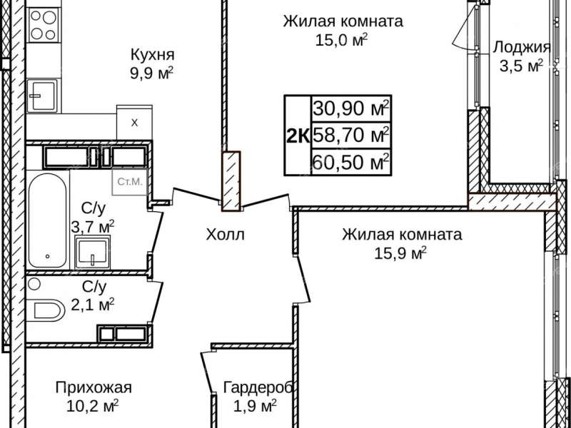 двухкомнатная квартира в ЖК Новое Ольгино, дом 1