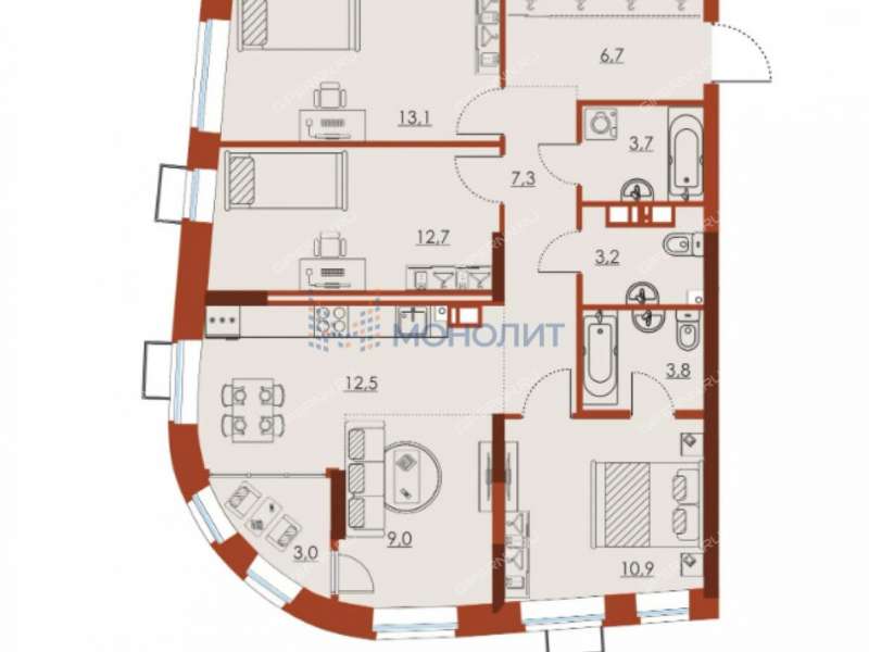 четырёхкомнатная квартира в границах улиц Октябрьской Революции, Григорьева, Витебская