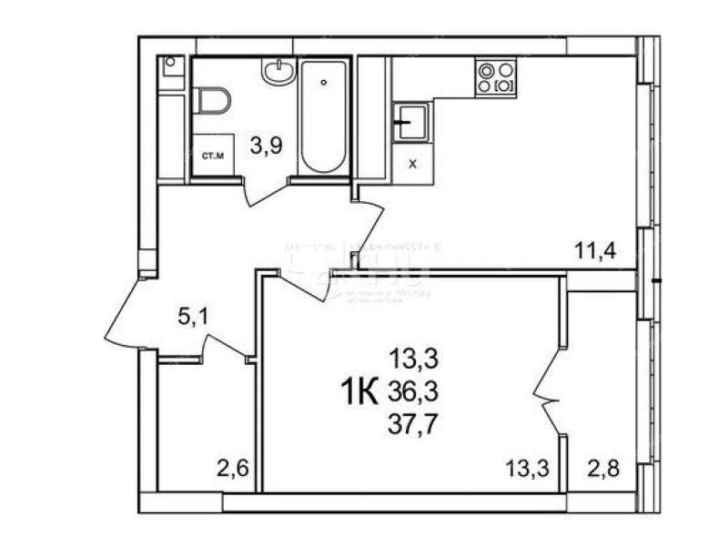 однокомнатная квартира примерно в 0,3 км на северо-восток от д.Анкудиновка, д.3 в ЖК КМ Анкудиновский парк деревня Анкудиновка