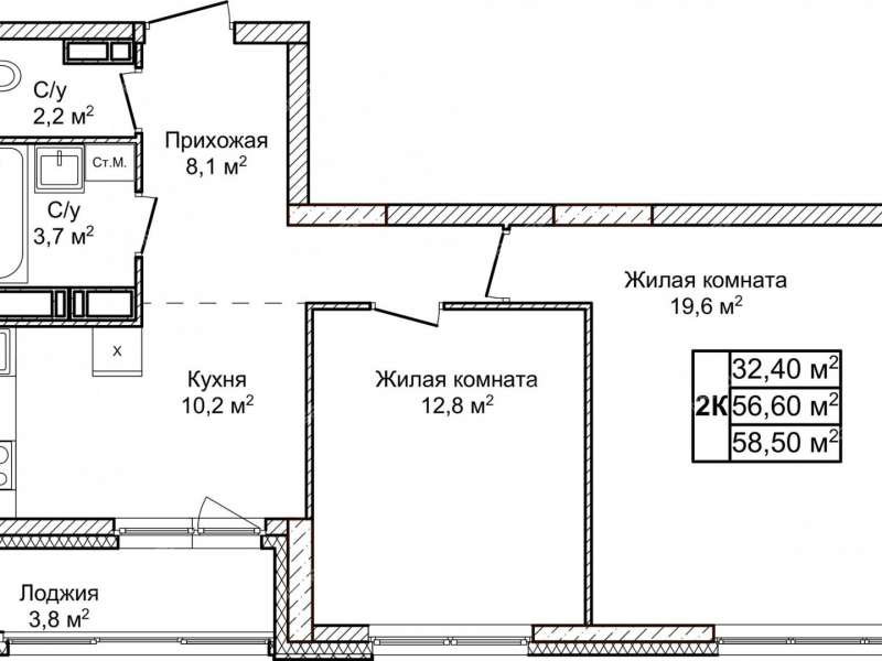 двухкомнатная квартира в ЖК Новое Ольгино, дом 1